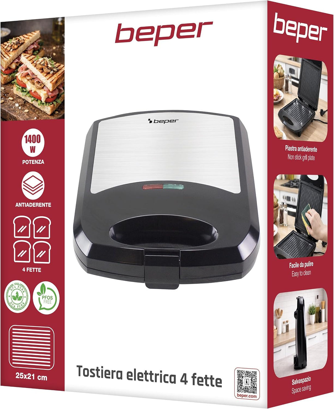 BEPER P101TOS040 Elektrischer Toaster für 4 Scheiben „Family Grill“, Toast- und Sandwich-Grillplatte