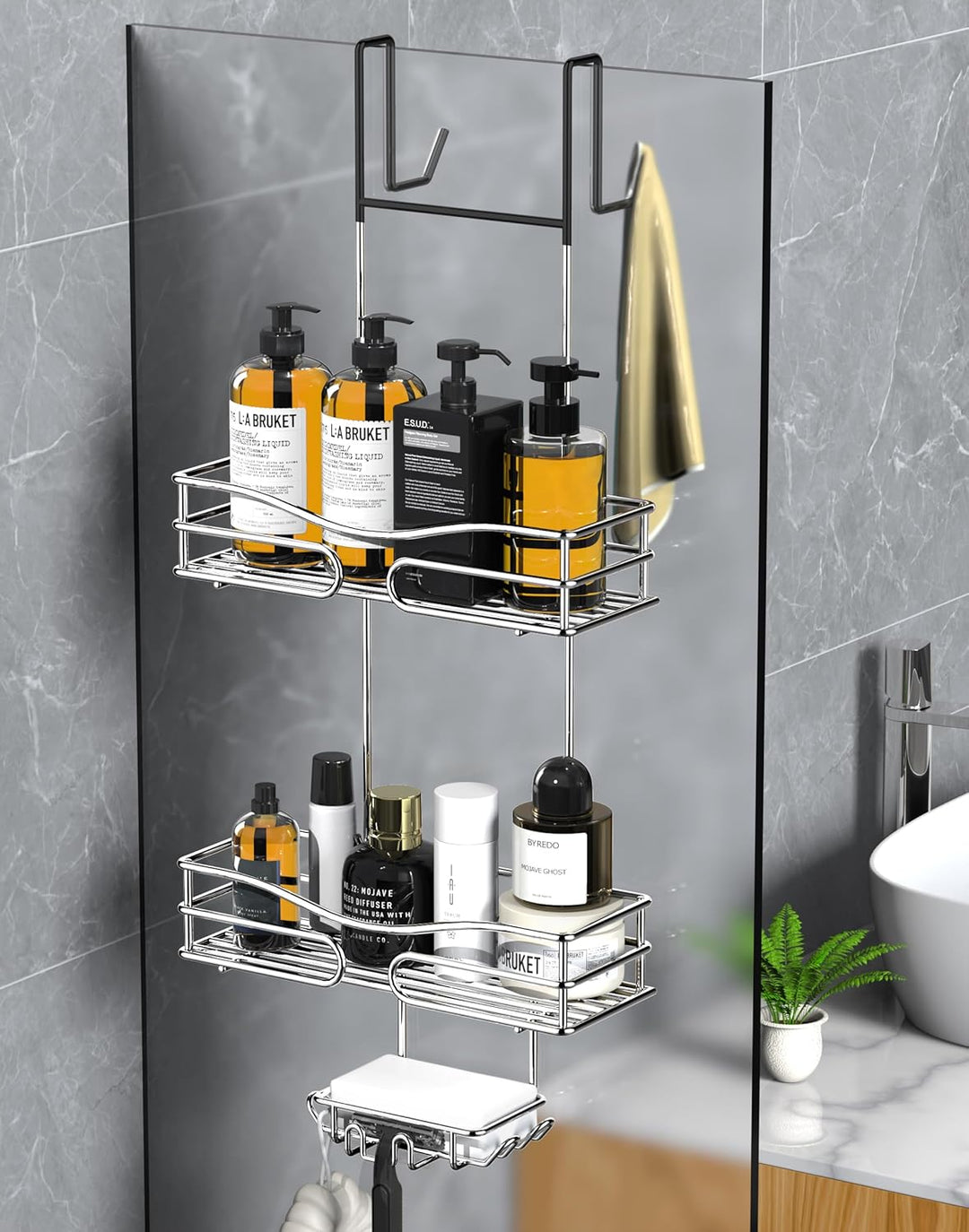 Duschablage zum Hängen - ohne Bohren, Edelstahl Duschkorb Hängend über Badezimmer Duschtür Shampoo H