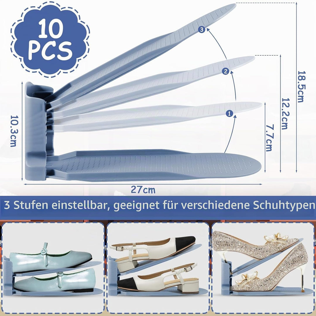 10 Stück Einstellbare Schuhregale,PP Doppelschicht Schuhstapler,3 Höhenverstellbar,Schuhschlitz Orga
