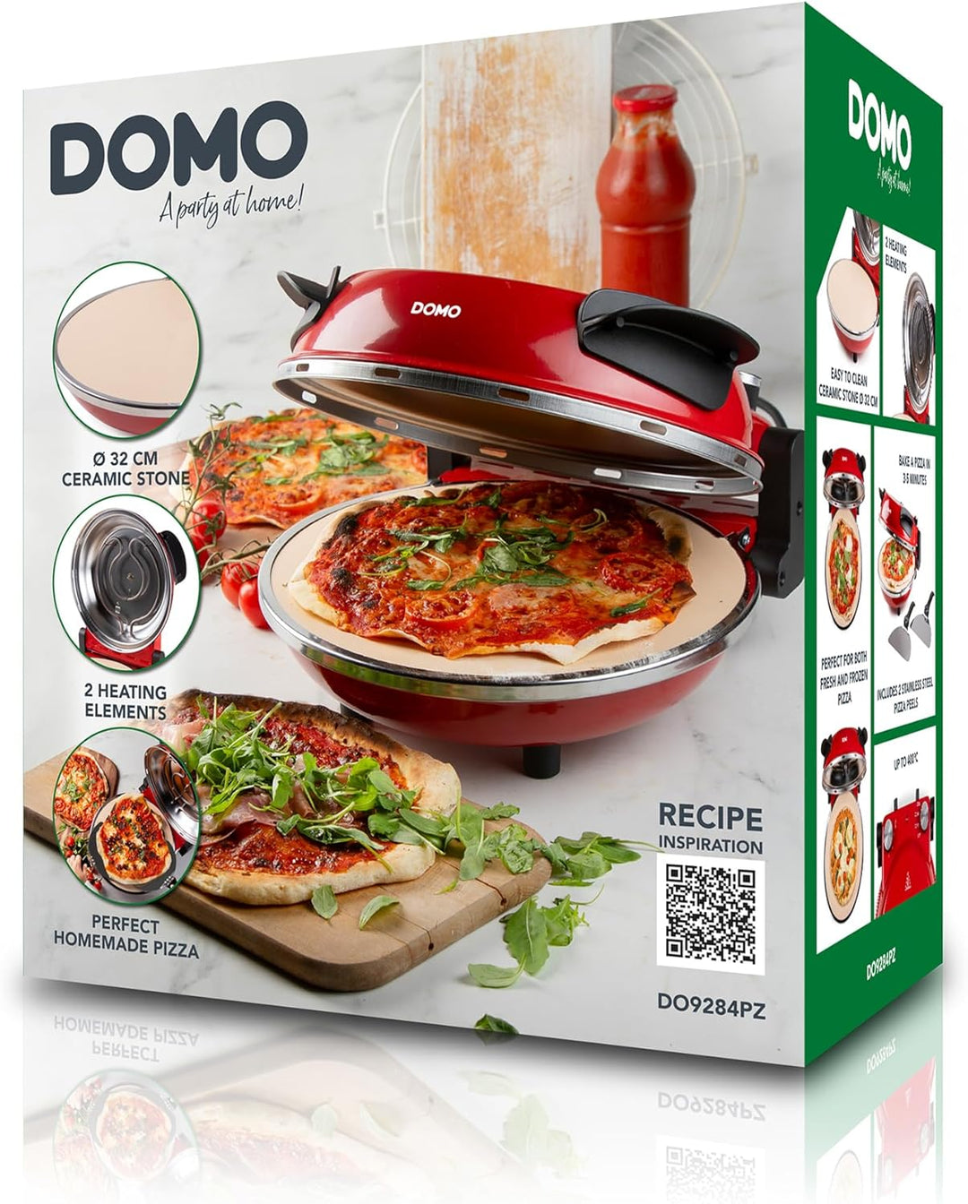 DOMO DO9284PZ Pizzaofen 'My Express Pizza' - Backzeit 3–5 Minuten - Mit Keramikstein - 1200 W - Rot