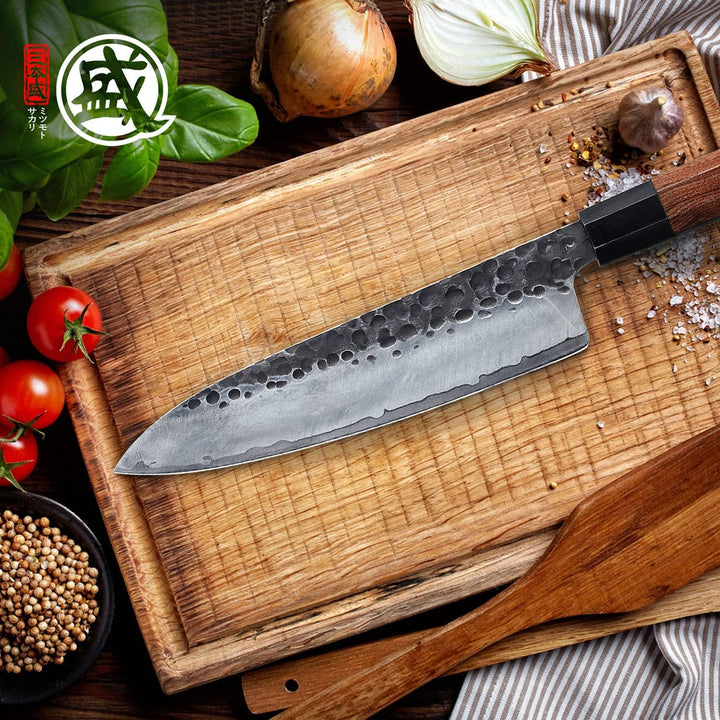 MITSUMOTO SAKARI 22 cm Gyuto Japanisches Messer, Handgeschmiedetes Küchenmesser Profi Fleischmesser,
