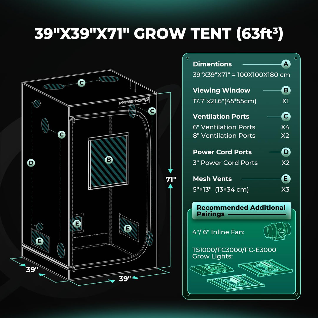 MARS HYDRO 3.3x3.3 Grow Tent Pro, 39"x39"x71" 2000D Thickened Polyester Canvas & High Reflective Myl