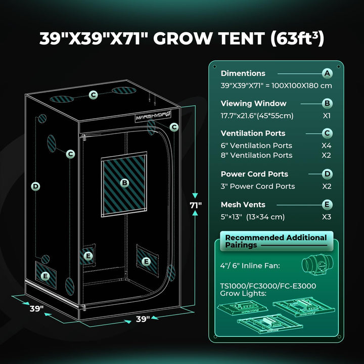 MARS HYDRO 3.3x3.3 Grow Tent Pro, 39"x39"x71" 2000D Thickened Polyester Canvas & High Reflective Myl