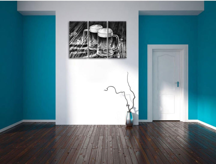 Pixxprint Zwei Masskrüge Bier als Leinwandbild/Grösse: 3 Teilig (120x80) cm/Wandbild/Kunstdruck/fert