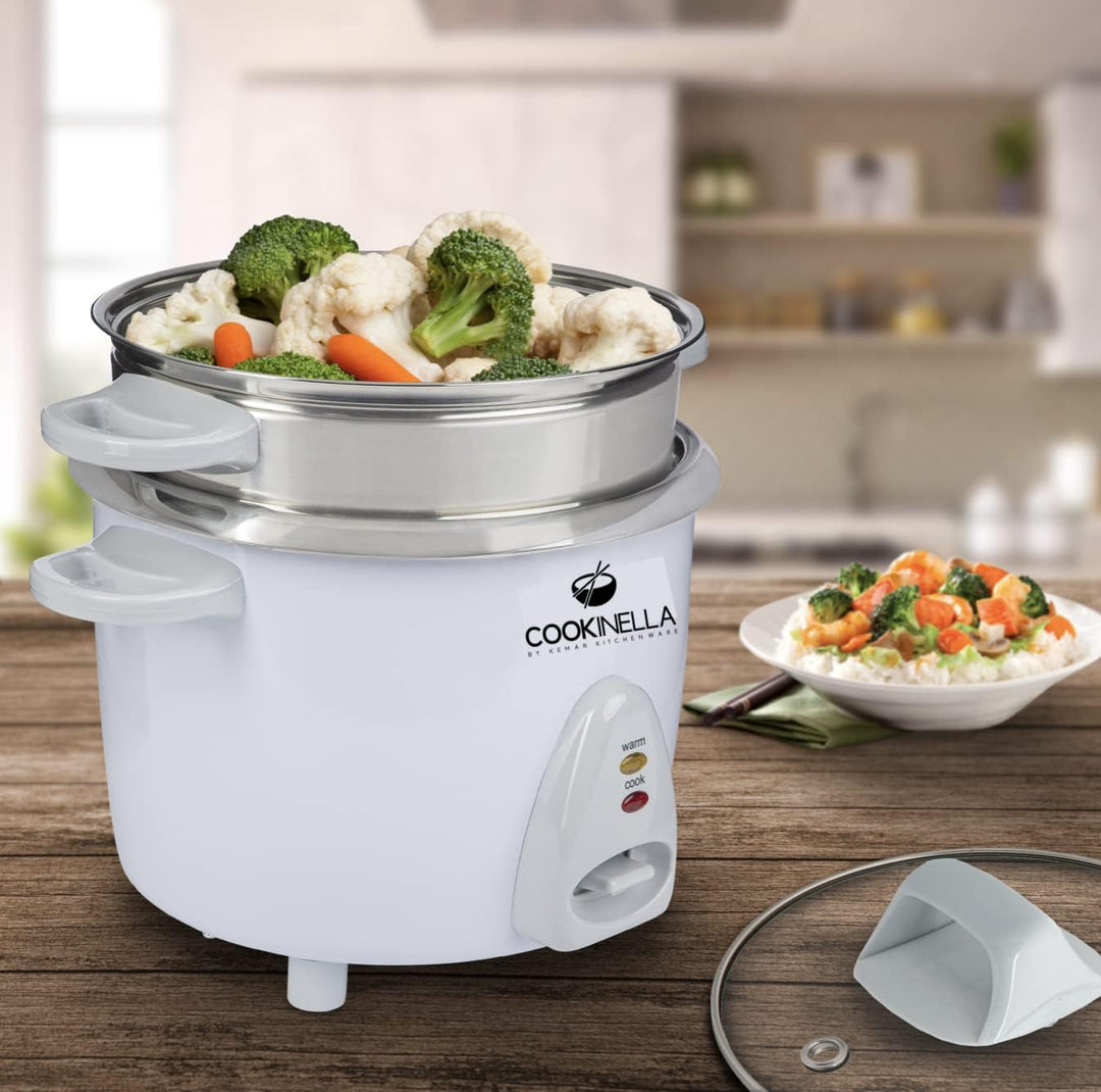 KeMar Kitchenware KRC-200 Reiskocher Edelstahltopf (1,4L, 500W, Weiss) | Glasdeckel | Bambuslöffel,