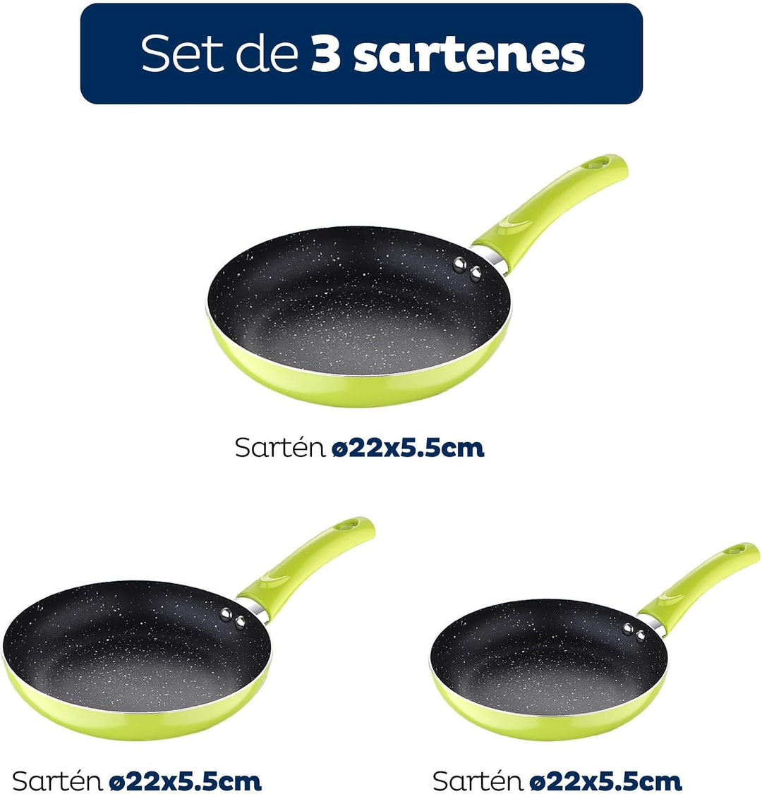 San Ignacio Set mit 3 Pfannen (20 + 24 + 28 cm) aus gepresstem Aluminium, grün mit 3 Stück, Küchenut