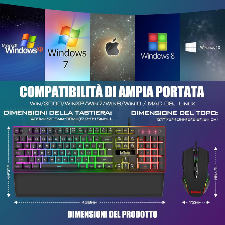 RedThunder K10 Gaming-Tastatur- und Maus-Set, Layout IT Metallplatte und Handballenauflage, RGB-Hint