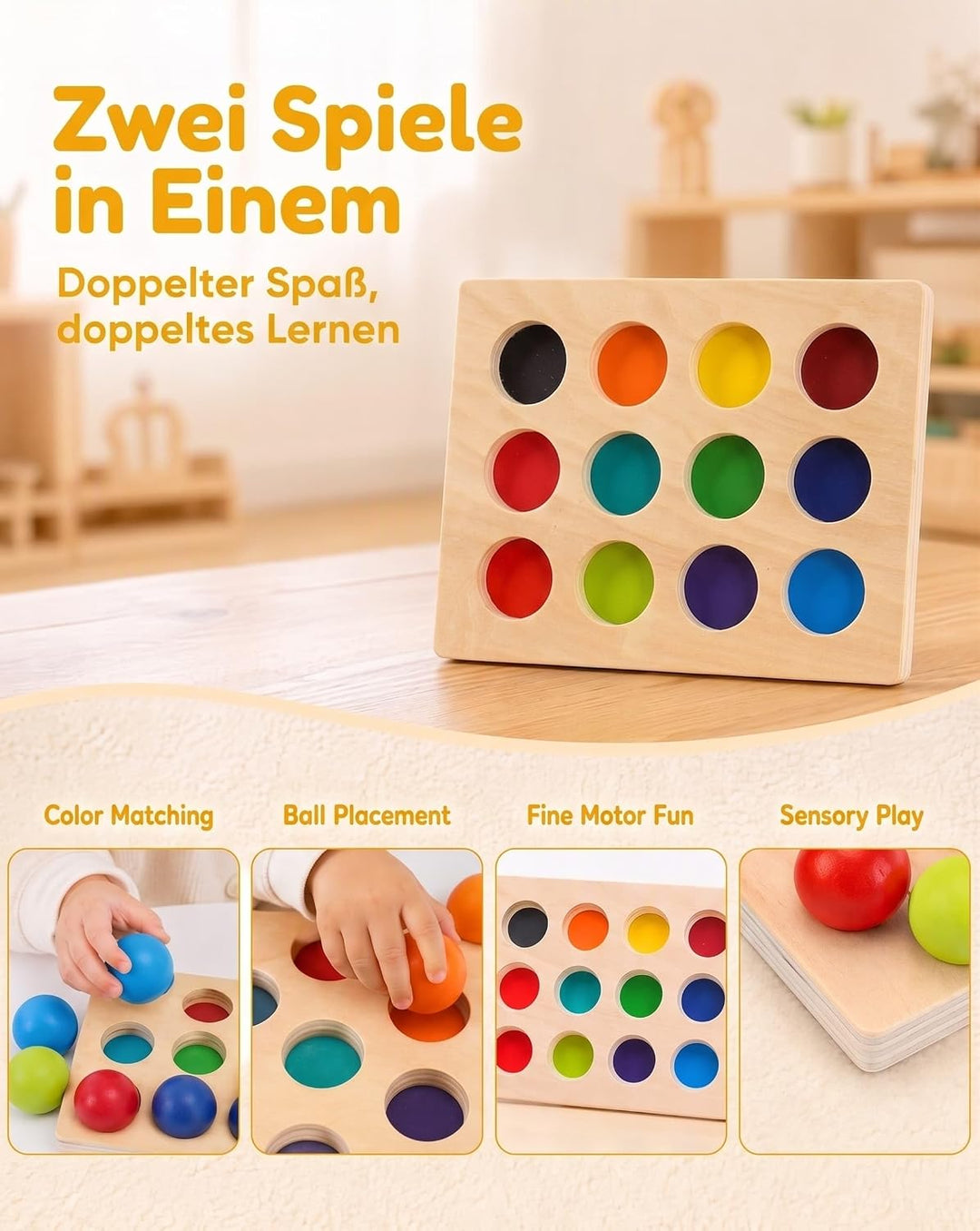 BESTonZON Montessori Holzspielzeug Farbsortierung Lernspiel für Kleinkinder, Regenbogen Sortierbrett