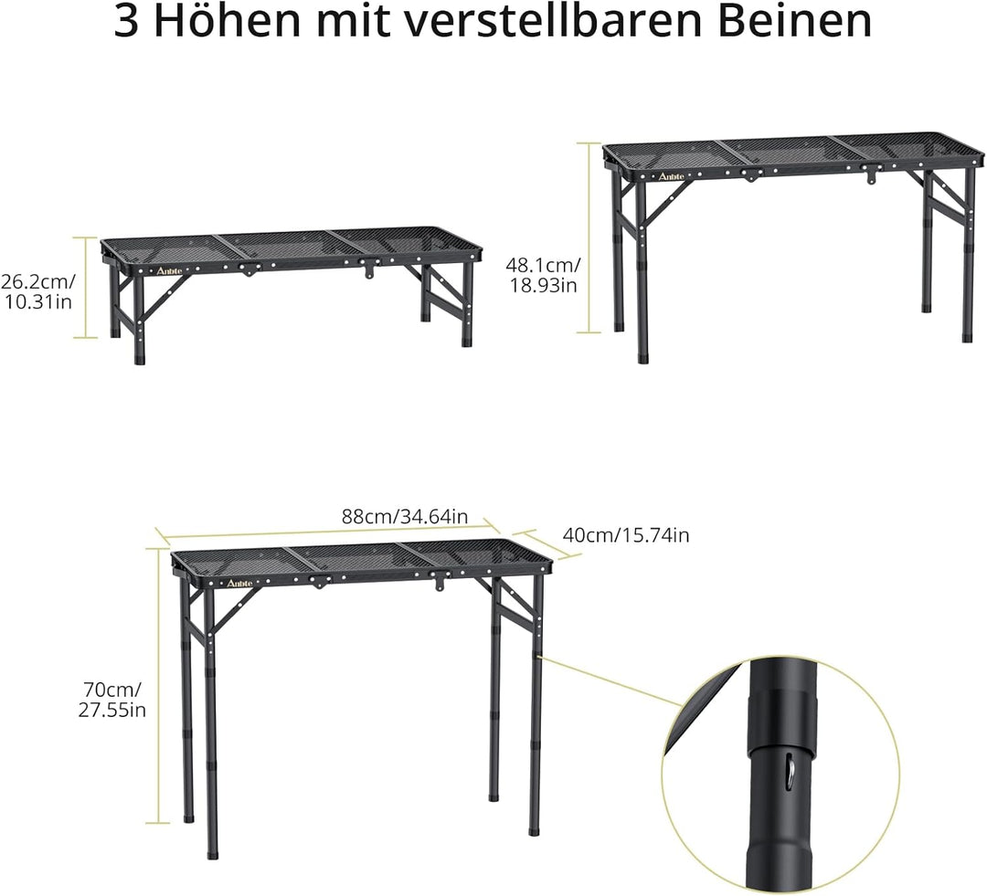 Anbte Campingtisch Klapptisch mit 3 Verstellbare Höhe Falttisch aus Aluminium 88 * 40cm Koffertisch