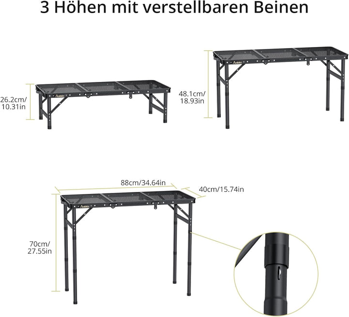 Anbte Campingtisch Klapptisch mit 3 Verstellbare Höhe Falttisch aus Aluminium 88 * 40cm Koffertisch