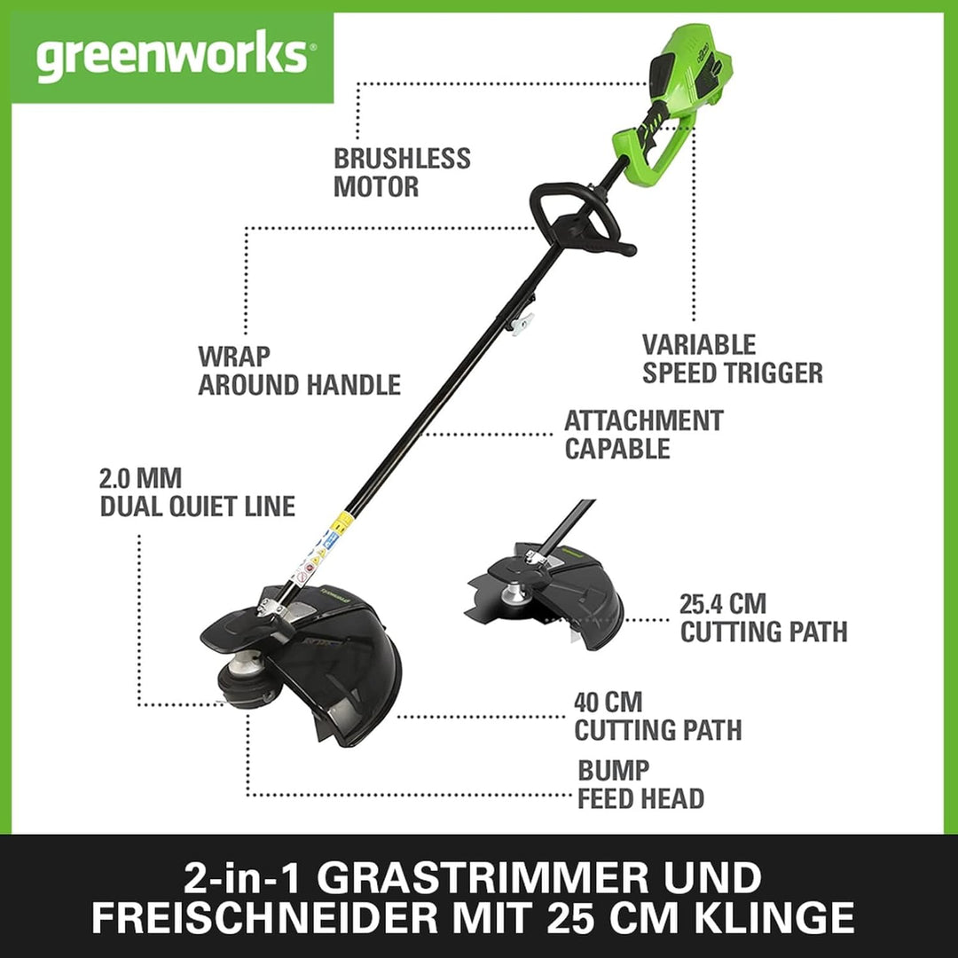 Greenworks 40V Akku Freischneider mit bürstenlosem Motor, Geschirr, verstellbarer Höhe, 40 cm Schnit