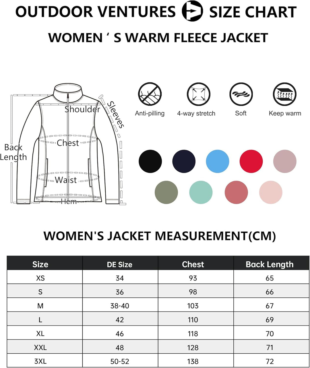 Outdoor Ventures Damen Fleecejacke mit Durchgehendem Reissverschluss Stehkragen Frauen Leichte Fleec