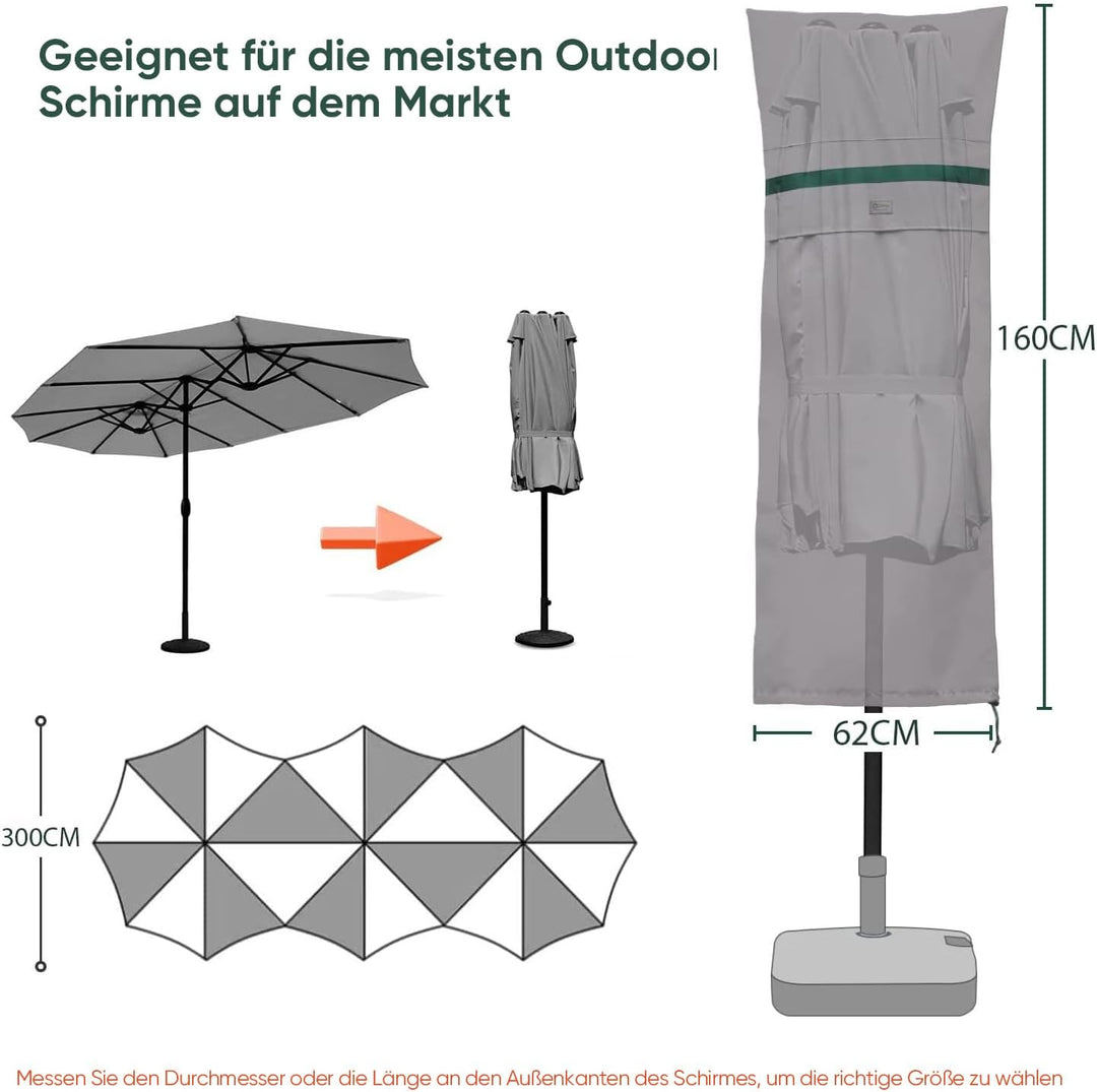 Sekey DoppelSonnenschirm Schutzhülle mit Stab, Abdeckhauben für Gartenschirm mit Belüftungsöffnungen