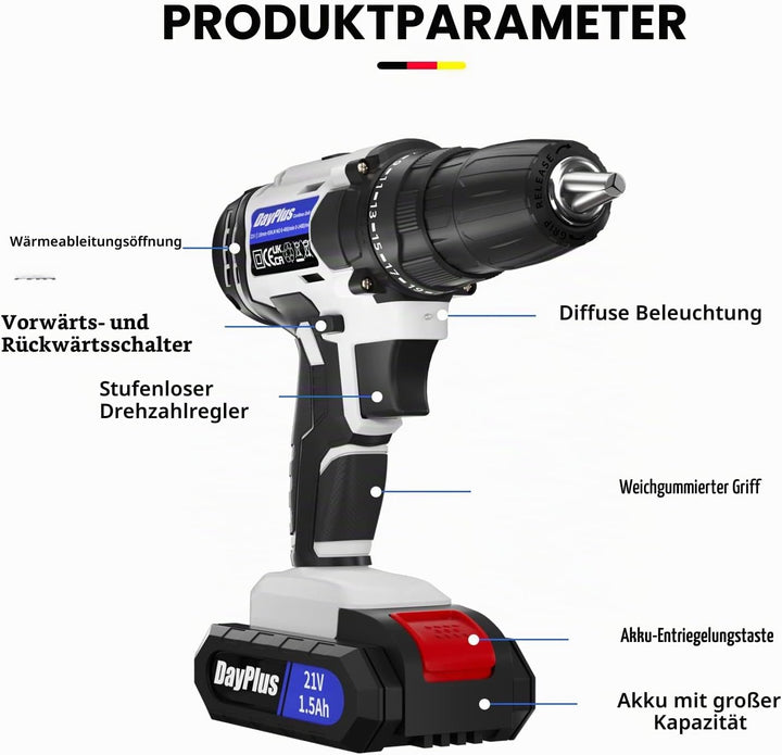 Akku Bohrschrauber Set 45Nm, Akku Bohrmaschine Set Akkubohrer 21V 1 × 1.5Ah Li-Ion Akku, 25+1 Drehmo