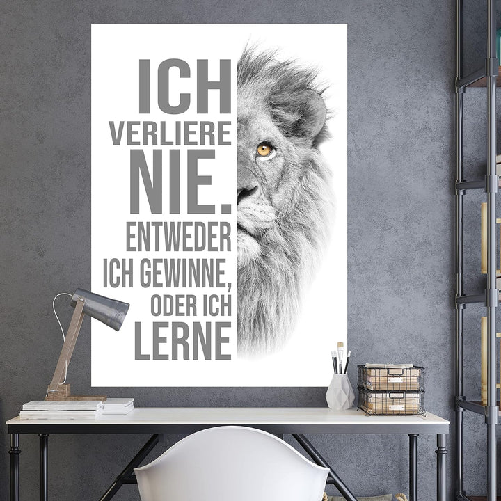 wandmotiv24 Poster als Wanddeko, Grösse Din A1, ich verliere nie, Weiss, Löwe, Moderne Wanddeko, Wan