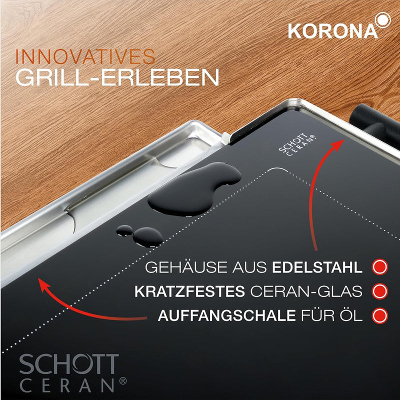 Korona 46100 Glas-Tischgrill | 2 in 1 Tischgrill und Warmhalteplatte | 800 Watt | Edelstahlgehäuse |