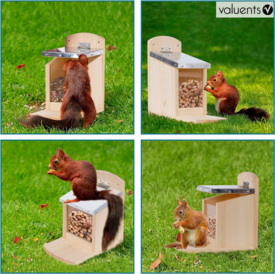 valuents Eichhörnchen Futterhaus mit Klappe – Futterstation – wetterfest aus Kiefernholz mit Zinkdac