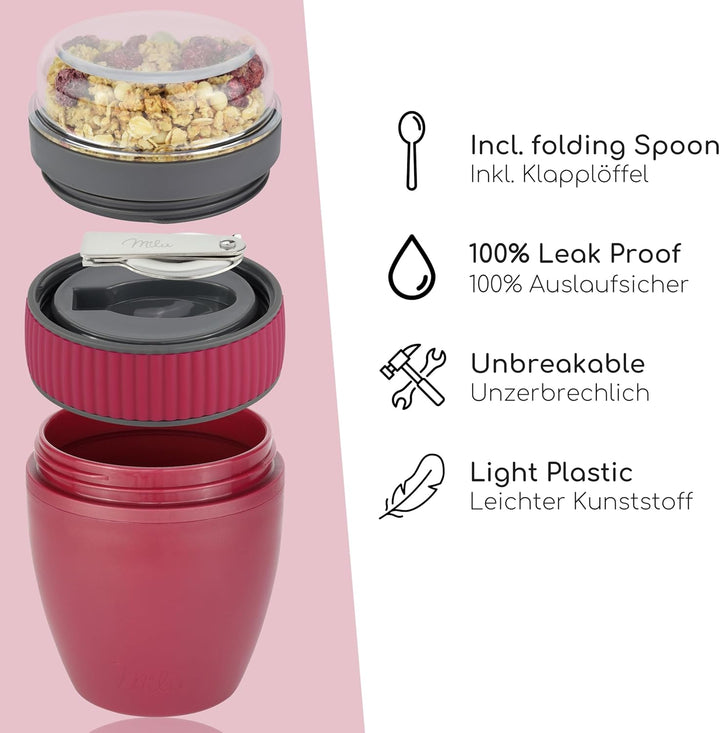 Milu Müslibecher to go 400ml MüsliMax Plastik Joghurtbecher für Müsli I auslaufsicherer Becher mit L