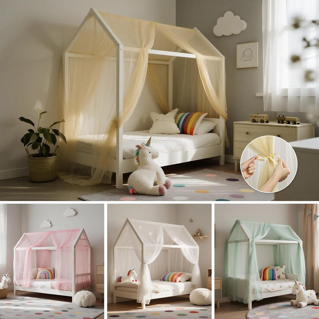 Hausbett Himmel Set, 2 Stück Betthimmel Babybett für Hausbett Deko, Bett Vorhang für Mädchen Jungen
