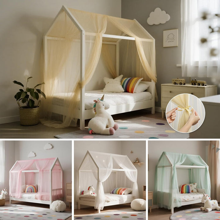 Hausbett Himmel Set, 2 Stück Betthimmel Babybett für Hausbett Deko, Bett Vorhang für Mädchen Jungen