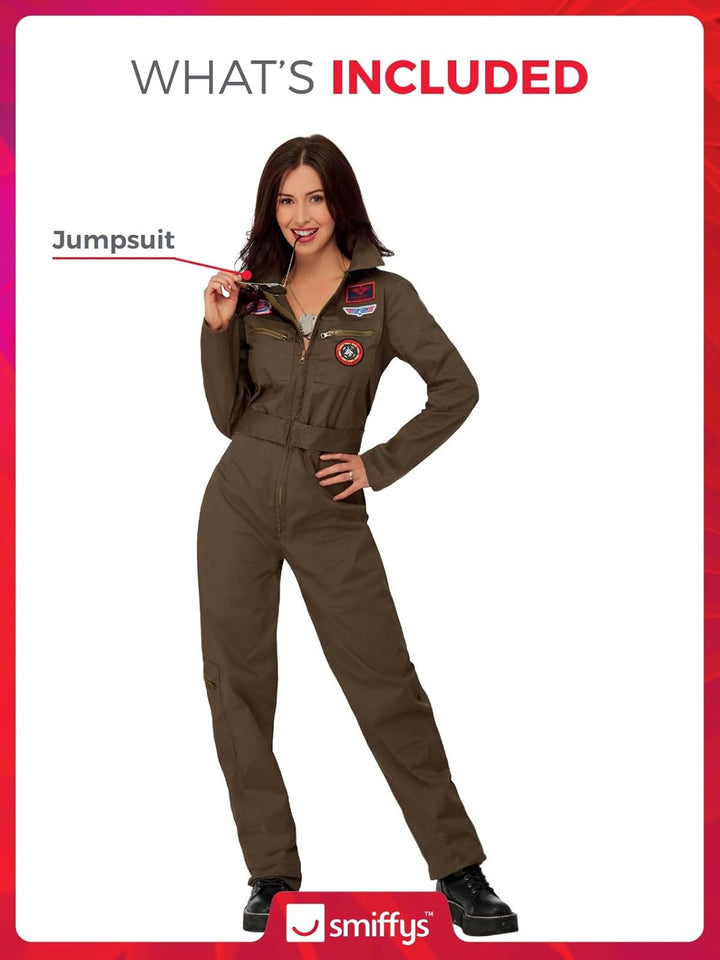 Smiffys Top Gun Damen Kostüm Khaki mit Overall Offiziell lizenzierte Top Gun Verkleidung Erwachsene