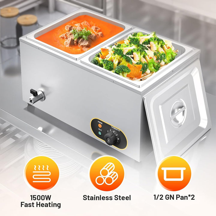Bain Marie Speisenwärmer Wasserbad Gastro GN-Behältern (GN) 1/2x 2 Warmhalter Edelstahl mit Ablaufha