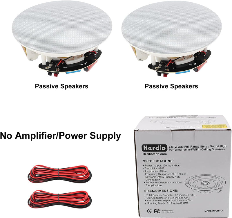 Herdio 6.5 Zoll Deckenlautsprecher, 300 Watt 2-Wege Stereo Einbaulautsprecher, Bündige Montage Sound