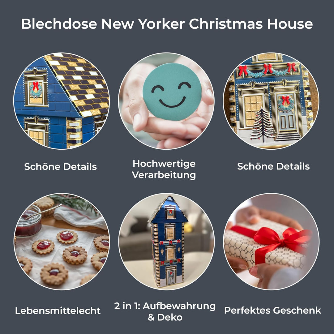 POWERHAUS24 Blechdose New York Christmas House, Weihnachtsdeko oder Aufbewahrung für Plätzchen & Leb
