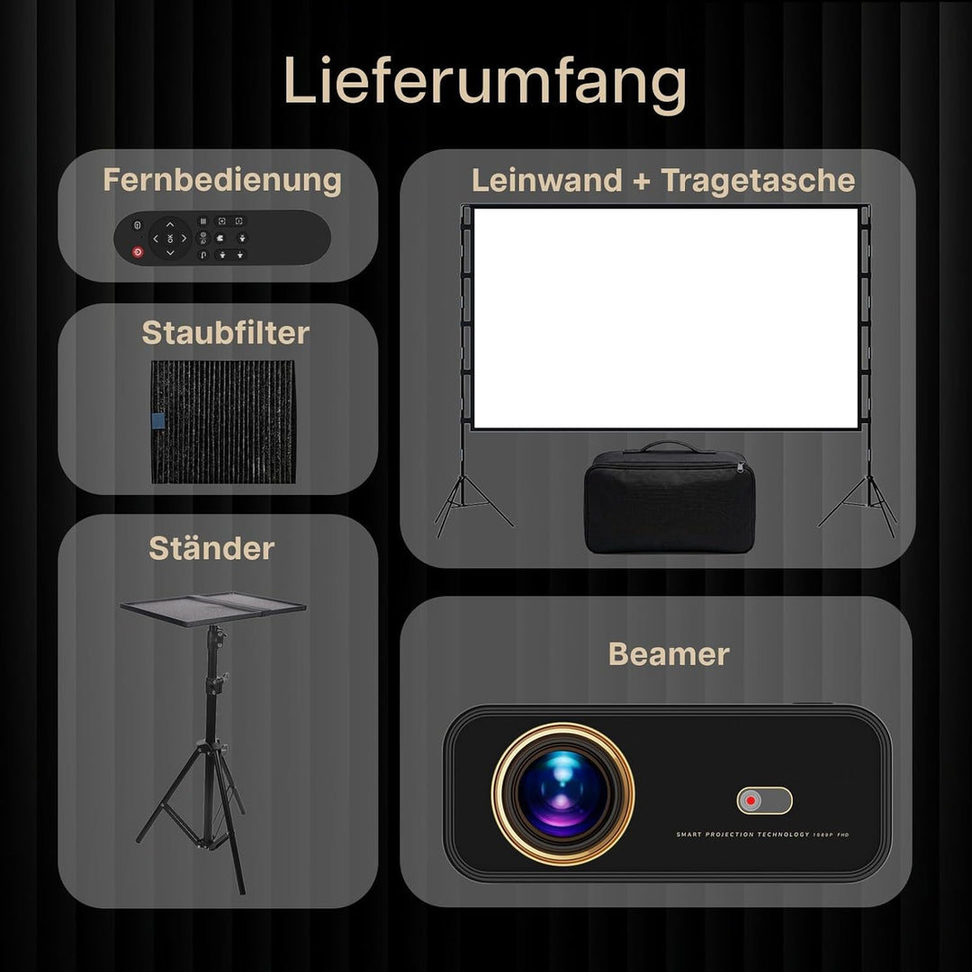 Beamer mit WiFi & Bluetooth Outdoor, 100 Zoll Projektionsleinwand & Stativ von MMOBIEL – Native 1080