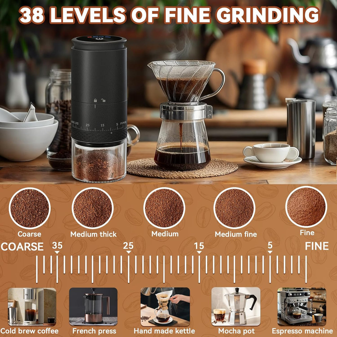 Kaffeemühle Elektrisch, USB Wiederaufladbare Tragbare Kaffemühle mit 38-stufiger Mahlgrad-Einstellun