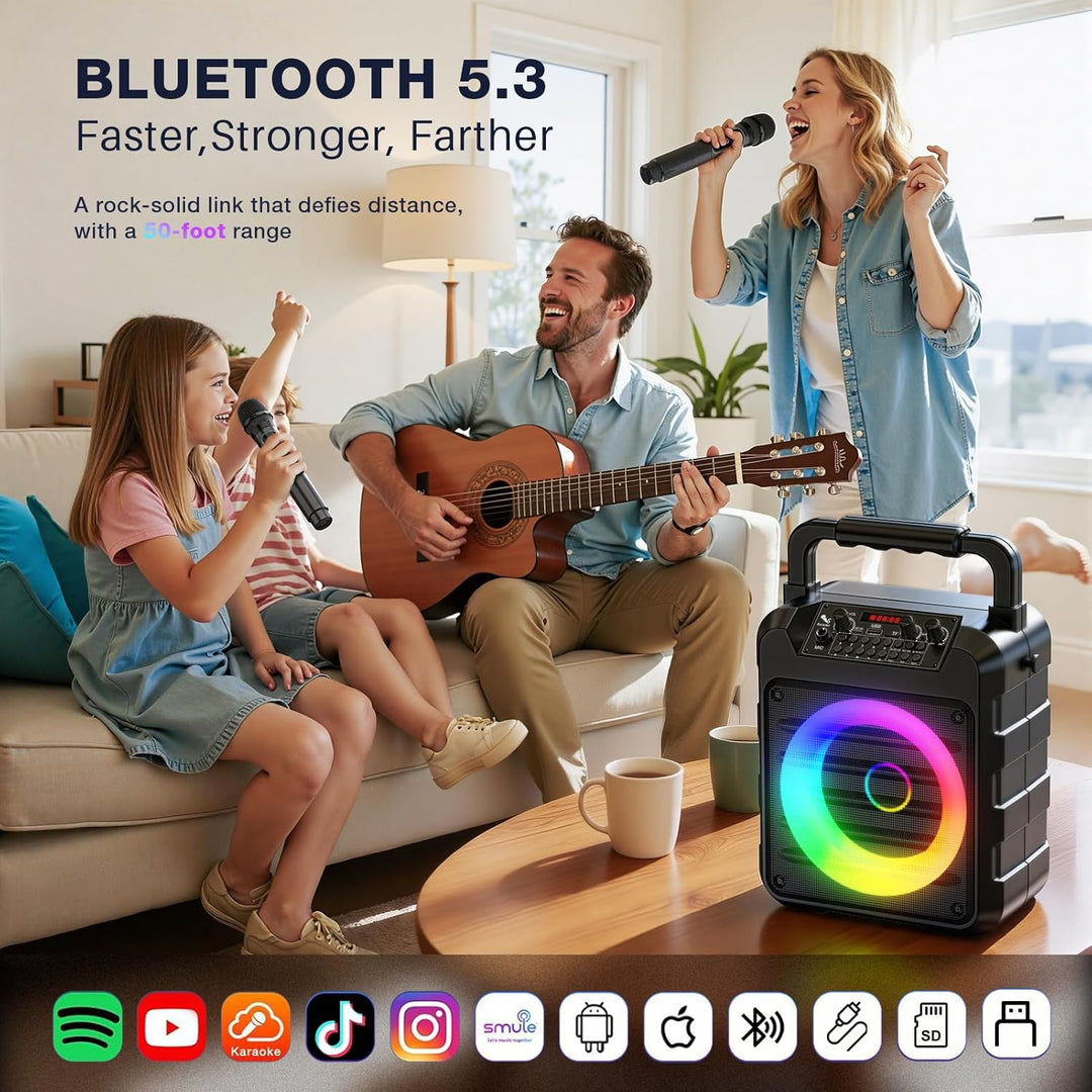 Dislocati Karaoke Maschine mit 2 Wireless Mikrofonen - 20W Tragbarer Party-Lautsprecher, LED-Lichtsh