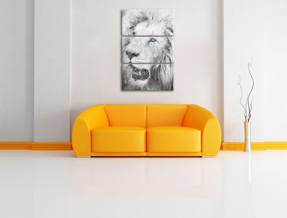 prächtiger weisser Löwe schwarz/weiss Deluxe 3-Teiler Leinwandbild 120x80 Bild auf Leinwand, XXL rie