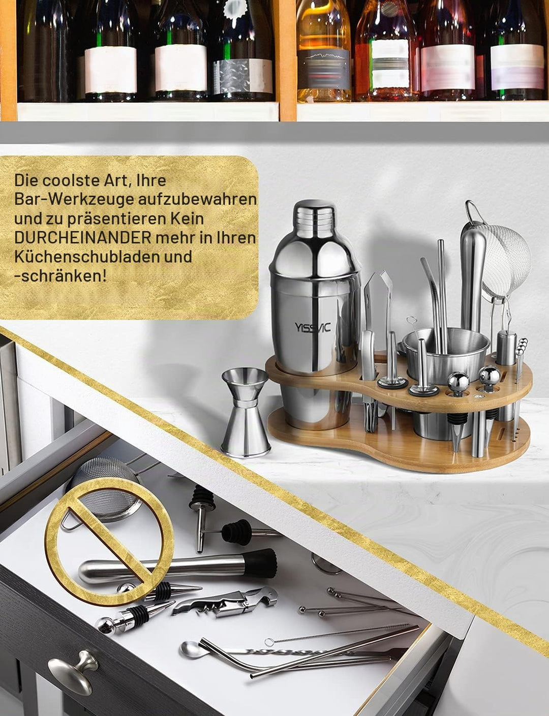 YISSVIC Cocktail Set 22 Stück Cocktail Barzubehör Mix Set Edelstahl Cocktailshaker 750ml mit Holzstä