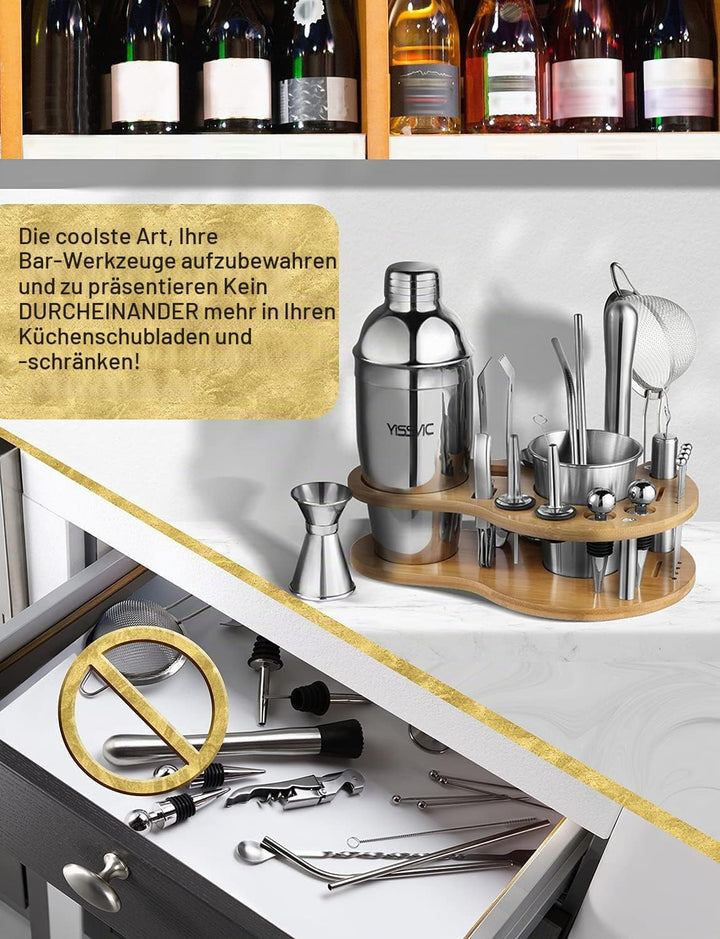YISSVIC Cocktail Set 22 Stück Cocktail Barzubehör Mix Set Edelstahl Cocktailshaker 750ml mit Holzstä