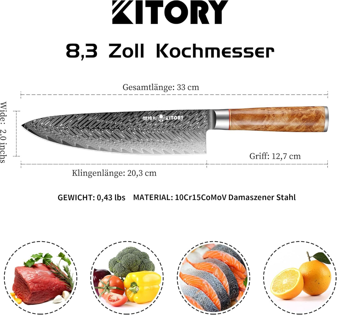 Kitory Damastmesser 20cm Pro Kochmesser 73 Lagen Damaststahl Klinge 10Cr15CoMoV Stahl Küchenmesser m