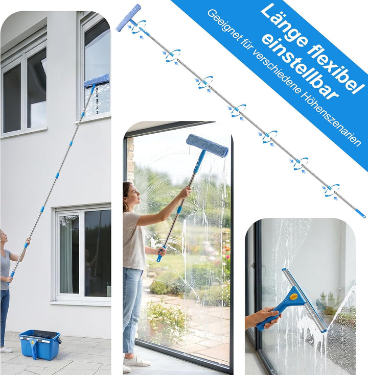 Fensterputzer Set, 3,25m Profi Teleskopstange Fensterreinigung mit Fensterputzeimer 12L, Fensterrein