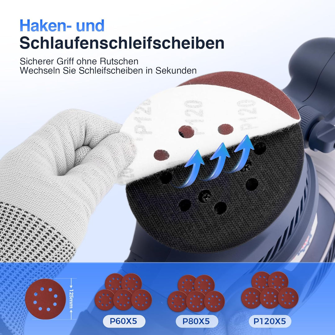 Exzenterschleifer 450W mit Bremse, 125mm Schleifmaschine für Holz mit Staubabsaugung, Schleifmaschin