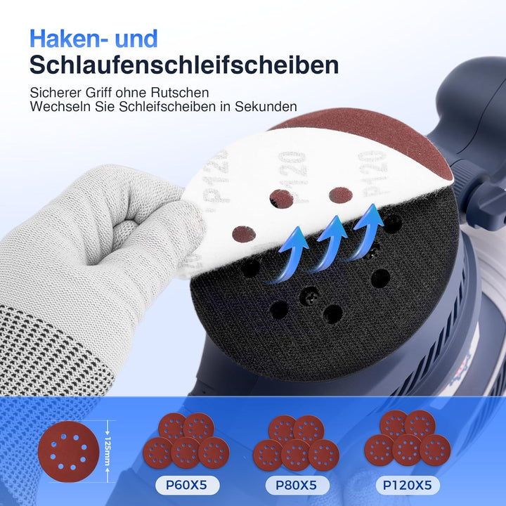 Exzenterschleifer 450W mit Bremse, 125mm Schleifmaschine für Holz mit Staubabsaugung, Schleifmaschin
