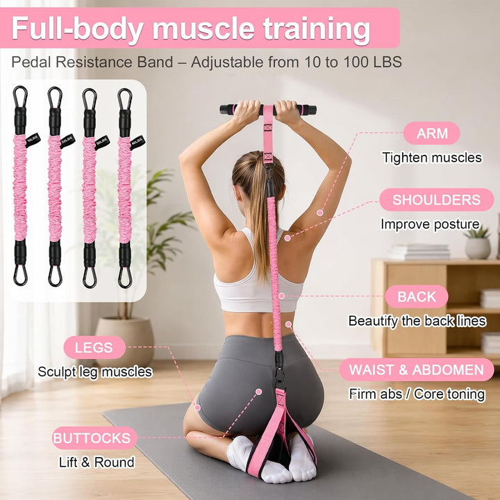 Bauchtrainer Band mit 4 Tubes, Verstellbares Widerstandsband mit Griff Rosa, Rosa