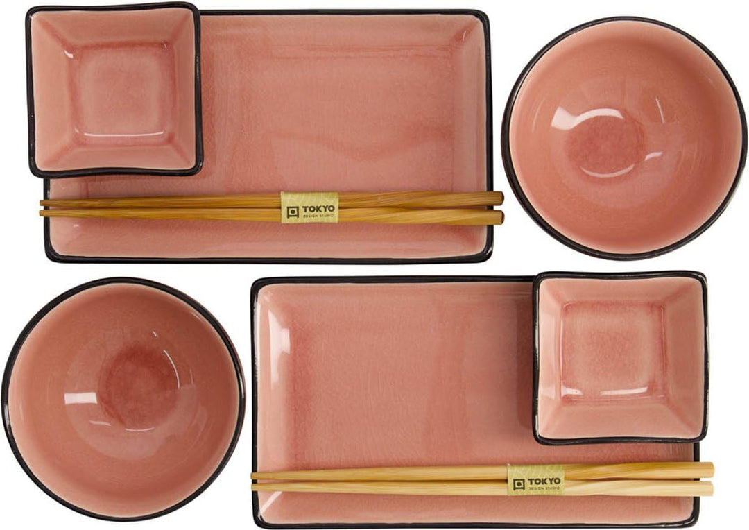TOKYO design studio, Glassy Pink, Set mit 2 Tellern + 2 Saucen-Schalen + 2 Reis-Schalen+ 2 Paar Esss