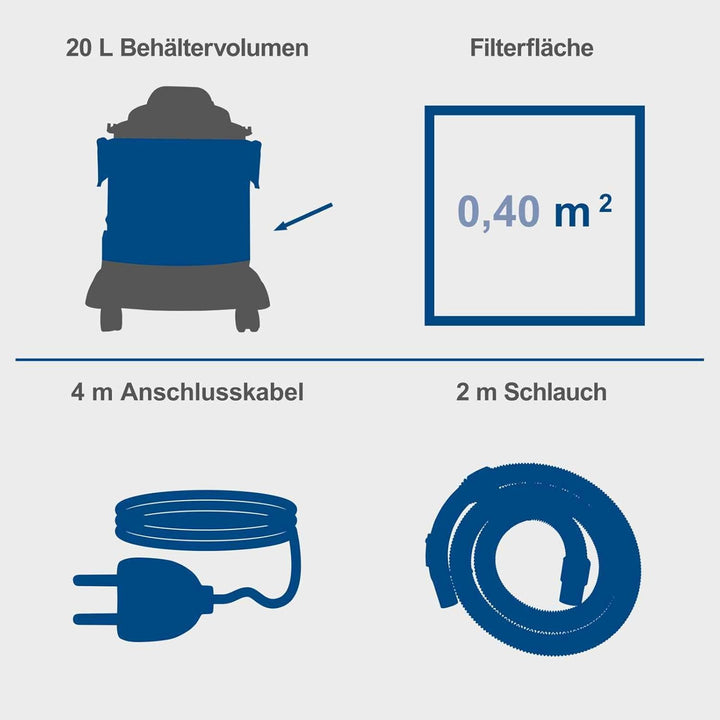 Scheppach Nass- und Trockensauger NTS20 inkl. umfangreichem Zubehörpaket - 1200 W | 20 L Edelstahlbe