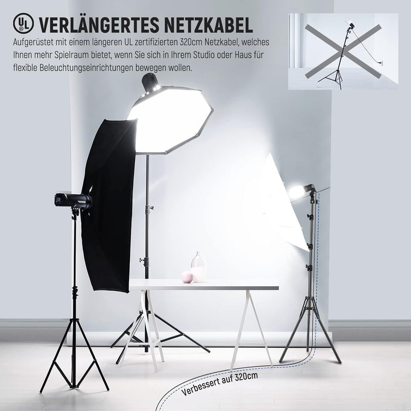 NEEWER E26 E27 AC Keramikfassung Lampenfassung mit Lichtstativhalterung, Schirmhalter, 320cm verläng