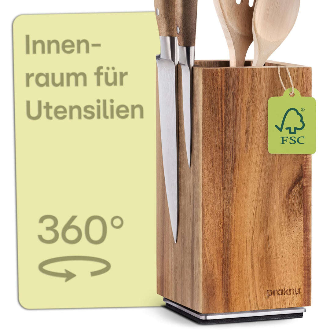 Praknu Messerblock Magnetisch 360° drehbar ohne Messer – FSC® Akazienholz mit Platz für Küchenutensi