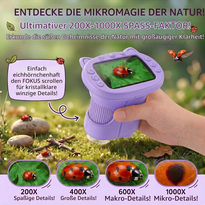 Mikroskop für Kinder, 1000X 4K Digitalmikroskop mit IPS-Display, 8 LED Licht, USB-aufladbar, Tragbar