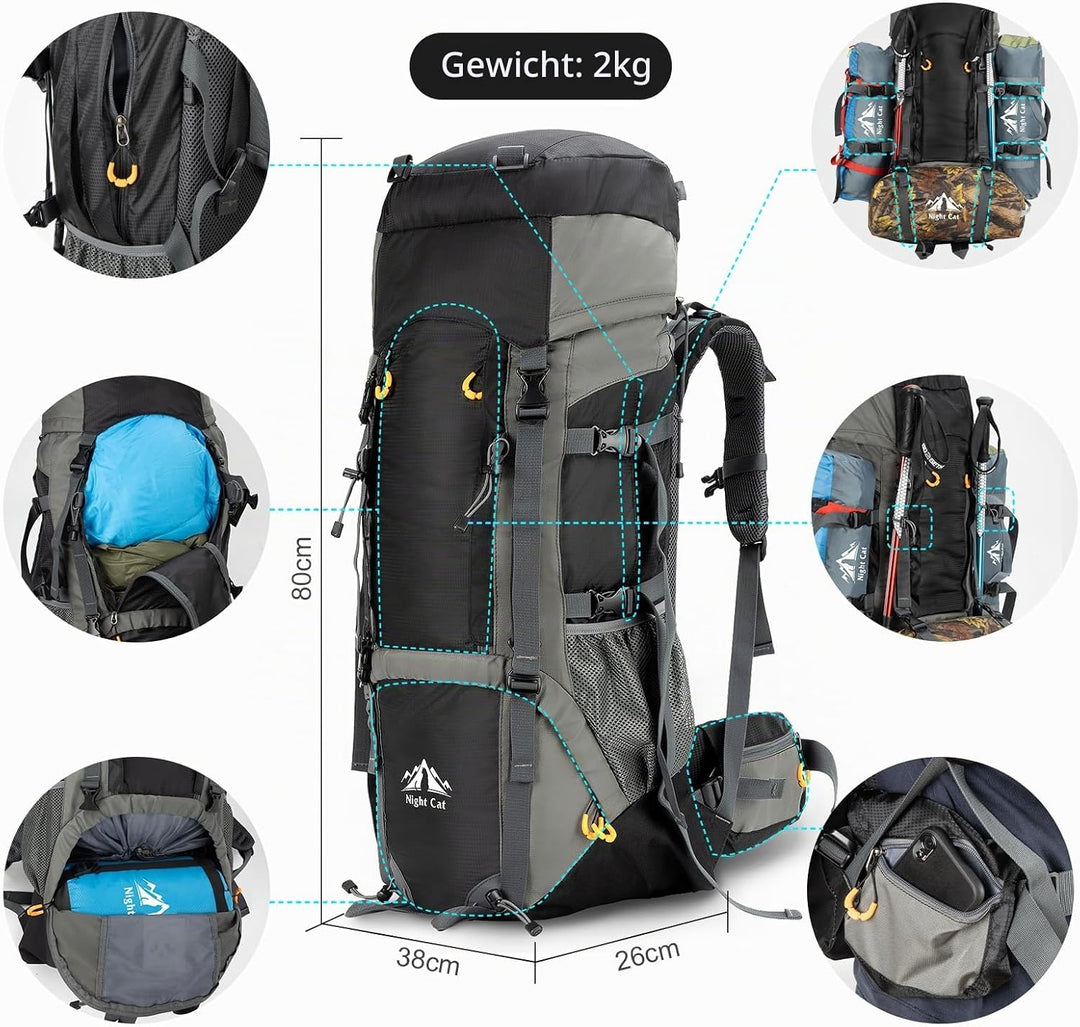 Night Cat Wanderrucksack 70L 90L Rucksack: Trekkingrucksack Reiserucksack Herren Damen Atmungsaktiv