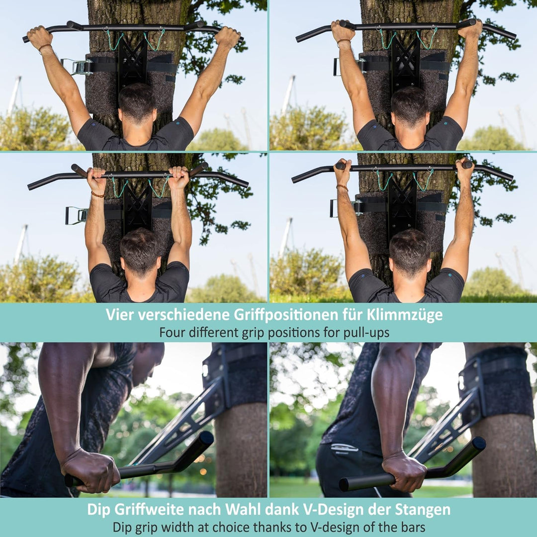 PULLUP & DIP Premium Klimmzugstange und Dip Stange, Mobil für Wand und Befestigung an Baum & Pfosten