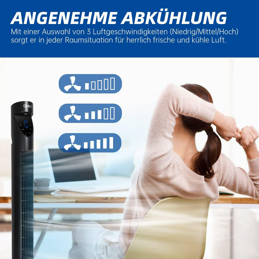 OZAVO Turmventilator mit Fernbedienung und LED-Display, 3 Geschwindigkeitsstufen Fan, Standventilato