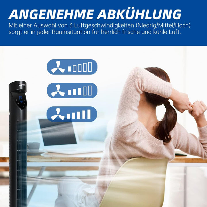 OZAVO Turmventilator mit Fernbedienung und LED-Display, 3 Geschwindigkeitsstufen Fan, Standventilato