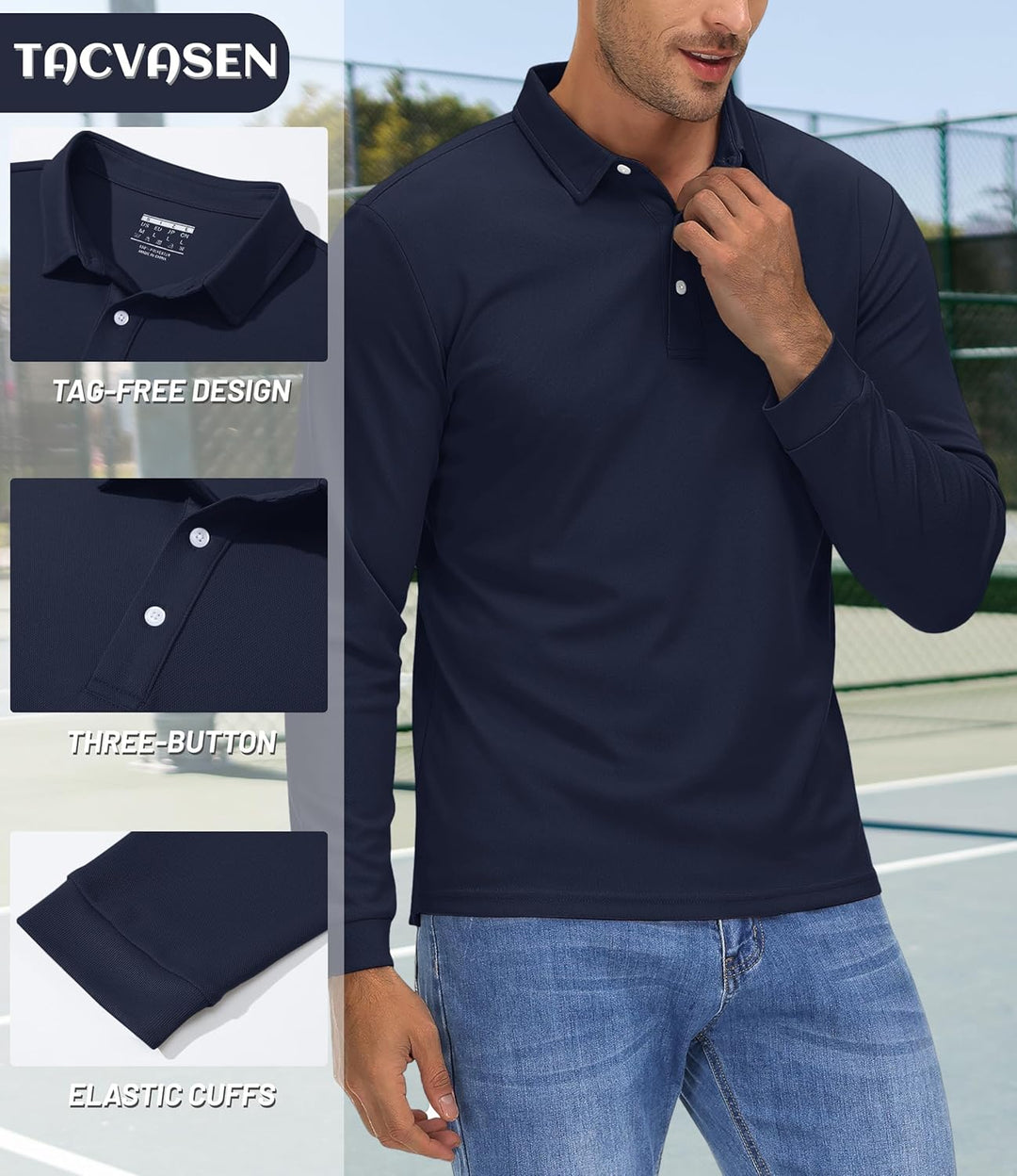 TACVASEN Herren Poloshirt Langarm Golf Polo Schnelltrocknend Funktionsshirts Leicht T-Shirts mit 3-K