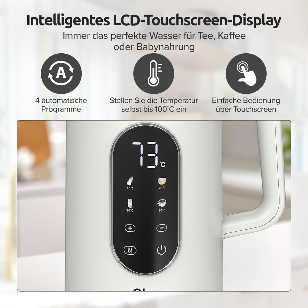 Olvy Elektrischer Wasserkocher 1,7L mit Temperaturkontrolle – Schnellkochender Edelstahl Heisswasser